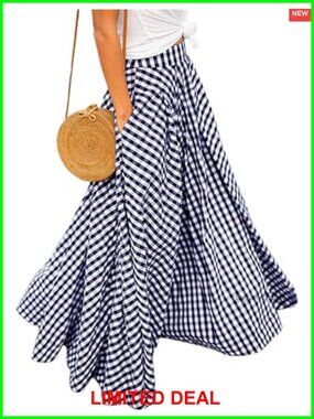 Gingham Plaid Maxi Skirt High Waist A-Line Pleated Long Skirt